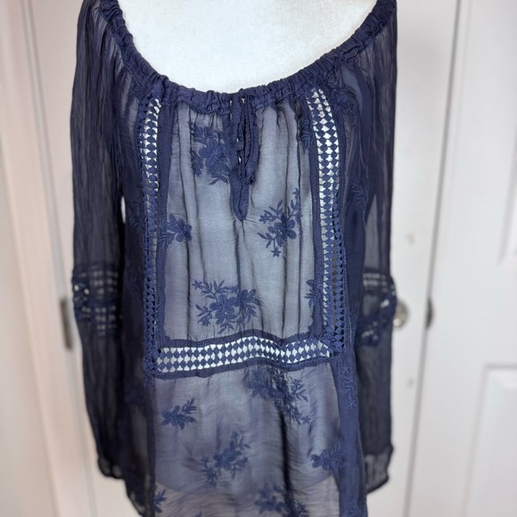 Nicole Tops - Italian Navy Whimsy Goth Sheer Layers Bohemian Airy Embroidered Gauze Peasant